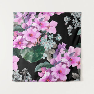 Violet flowers and forget me not watercolor on bla tapestry