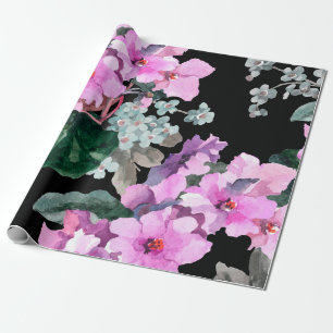 Violet flowers and forget me not watercolor on bla wrapping paper