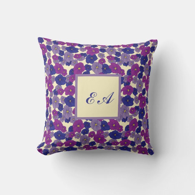 Violet flowers blue purple repeat pattern monogram throw pillow (Front)