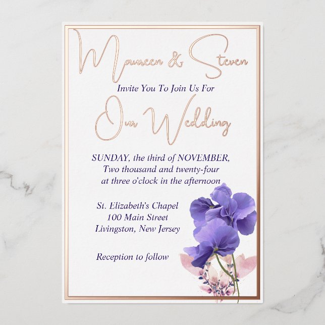 Violet Flowers Elegant White Wedding  Foil Invitation (Front)