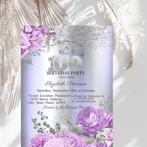 Violet Flowers Glitter Lilac 100th Birthday  