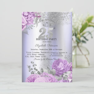 Violet Flowers Glitter Lilac 25th Birthday   Invitation