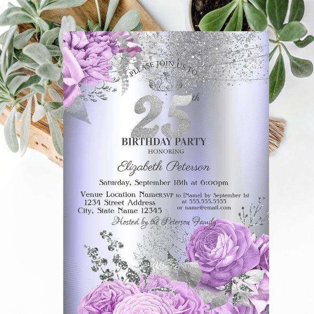 Violet Flowers Glitter Lilac 25th Birthday   Invitation (Creator Uploaded)