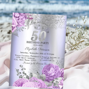 Violet Flowers Glitter Lilac 50th Birthday Invitation
