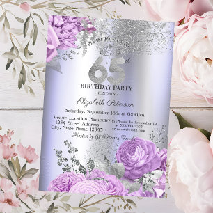 Violet Flowers Glitter Lilac 65th Birthday   Invitation