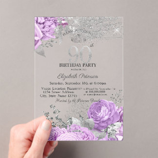 Violet Flowers Glitter Lilac 90th Birthday Acrylic Invitations