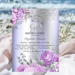 Violet Flowers Glitter Lilac 90th Birthday   Invitation