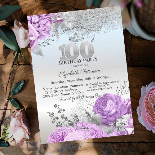 Violet Flowers Glitter Silver 100th Birthday  