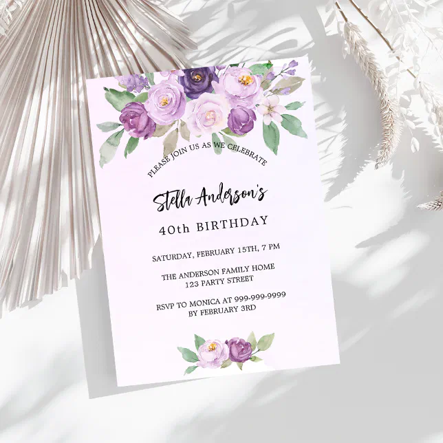 Violet flowers greenery birthday invitation | Zazzle
