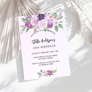 Violet flowers greenery birthday invitation