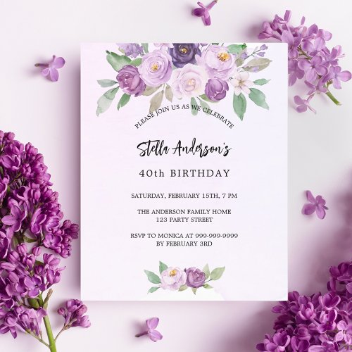 Violet flowers greenery budget birthday invitation