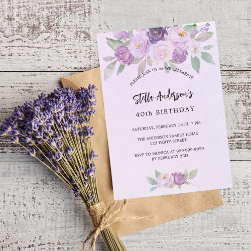 Violet flowers greenery luxury birthday  invitation
