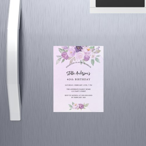 Violet flowers greenery luxury birthday magnetic invitation