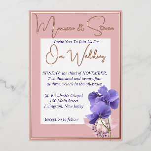 Violet Flowers on Dusty Rose and White Wedding Foil Invitation