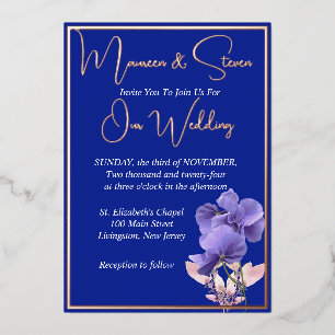 Violet Flowers on Royal Blue Wedding Rose Gold Foil Invitation