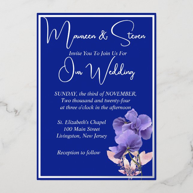 Violet Flowers on Royal Blue Wedding Silver  Foil Invitation (Front)