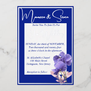 Violet Flowers on Royal Blue & White Wedding Foil Invitation