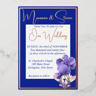 Violet Flowers on Royal Blue & White Wedding Foil Invitation