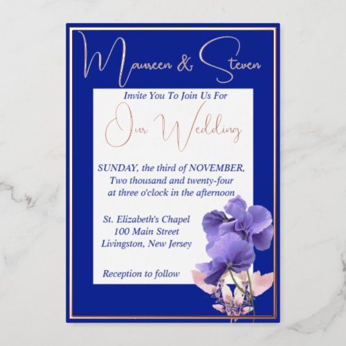 Violet Flowers on Royal Blue  White Wedding Foil Invitation