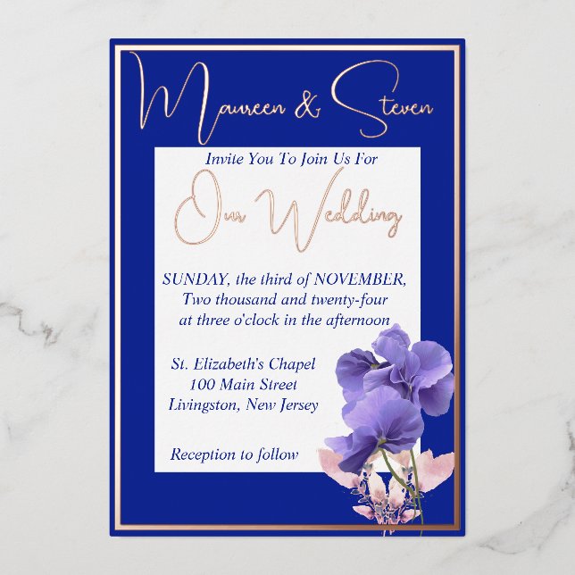 Violet Flowers on Royal Blue & White Wedding Foil Invitation (Front)