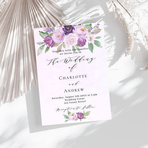 Violet flowers roses greenery luxury wedding invitation