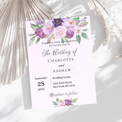 Violet flowers roses greenery luxury wedding invitation