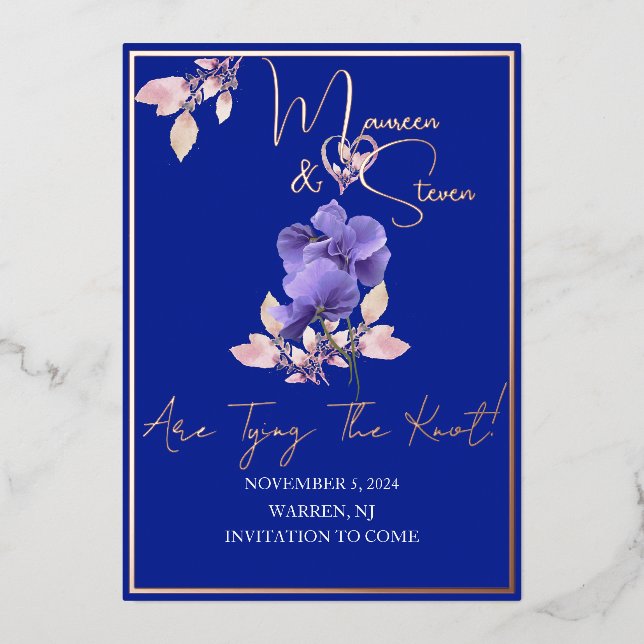 Violet Flowers Royal Blue Save The Date Foil Card (Front)