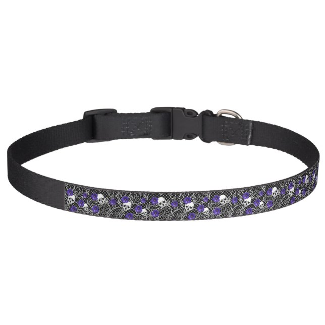 Violet flowers, skulls and lace  pet collar (Front)