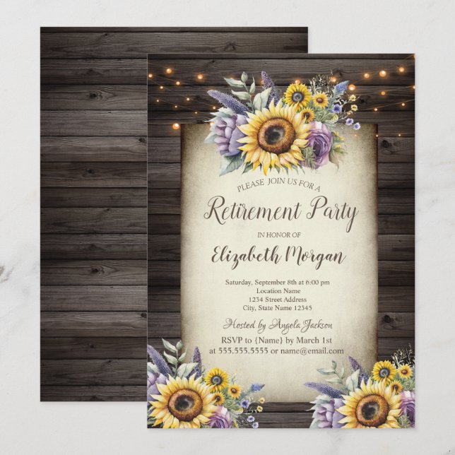 Violet Flowers Sunflowers Brown Wood Retirement Invitation (Front/Back)