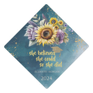Violet Flowers Sunflowers Glitter Grad Cap