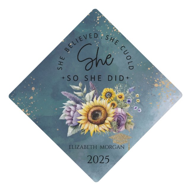 Violet Flowers Sunflowers Glitter Grad Cap Green (Front)