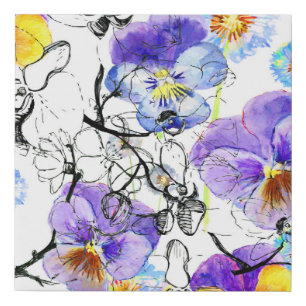 Violet Flowers Watercolor Vintage Pattern Faux Canvas Print