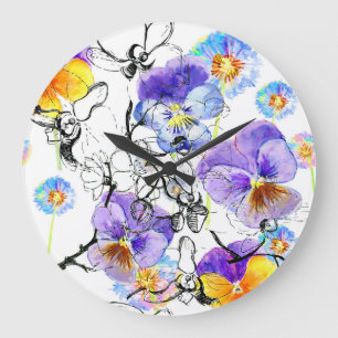 Violet Flowers Watercolor Vintage Pattern Large Clock