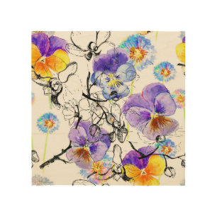 Violet Flowers Watercolor Vintage Pattern Wood Wall Art