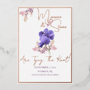 Violet Flowers White Save The Date Foil Card