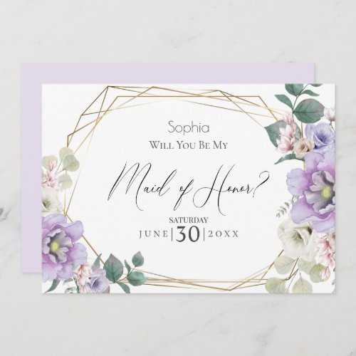 Violet Flowers Will You Be My Maid of Honor Invitation