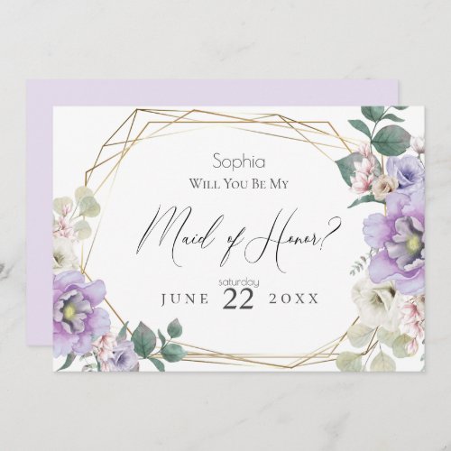 Violet Flowers Will You Be My Maid of Honor Invitation