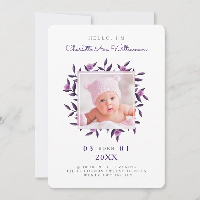 Violet Foliage Floral Wreath Birth Announcement (Front)