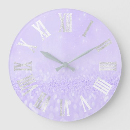 Violet  Frozen Silver Glitter Metal Roman Numers Large Clock