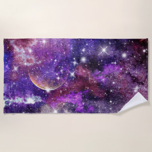 Violet Galaxy Milky Way With Planet Beach Towel