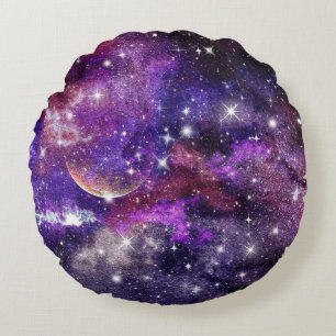Violet Galaxy Milky Way With Planet Round Pillow