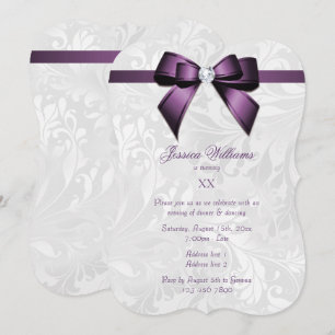 Violet Gem Bow, Ribbon  & Damask Birthday Party Invitation
