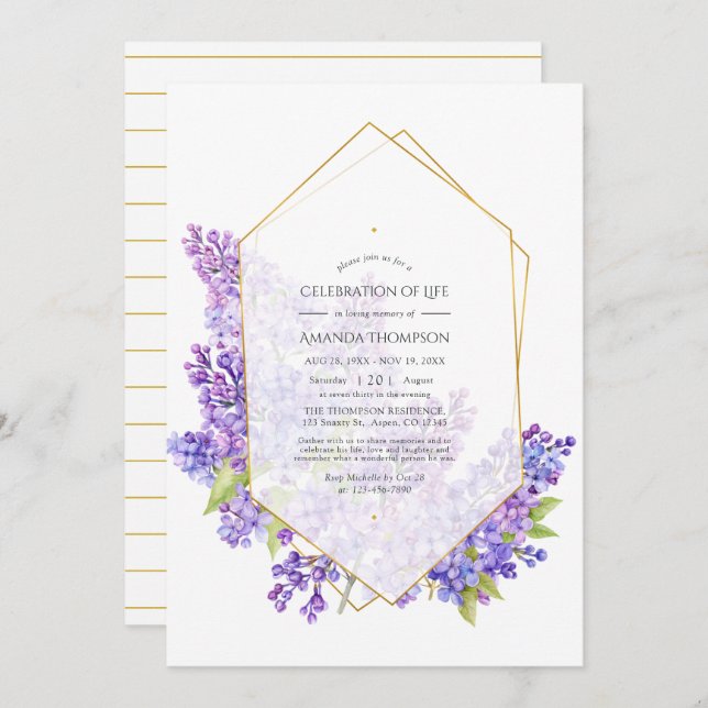 Violet Geometric Herbarium Celebration of Life Invitation (Front/Back)