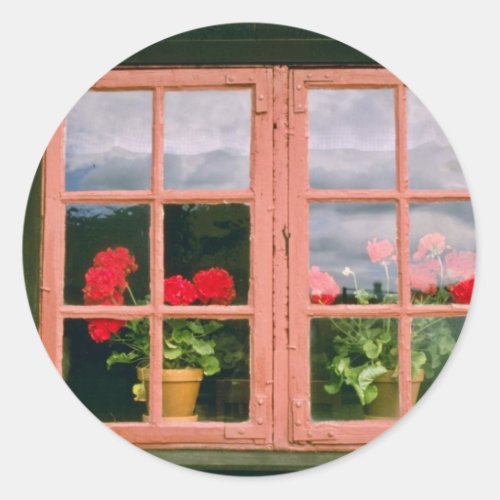 Violet Geraniums In The Window Of A Traditional Ho Classic Round Sticker