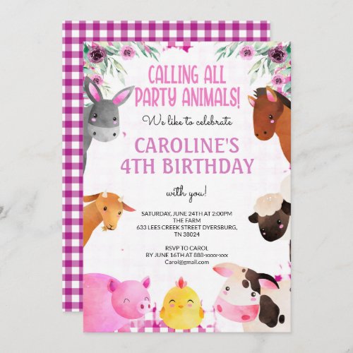 Violet Gingham Farm Animals Girl Birthday Barnyard Invitation