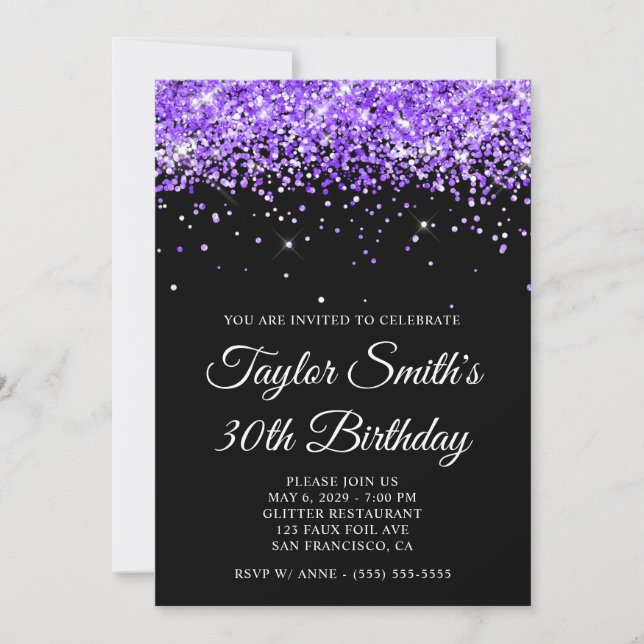 Violet Glitter Black 30th Birthday Invitation (Front)