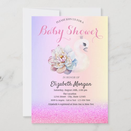 Violet Glitter BokehSwan Flower Baby Shower   Invitation