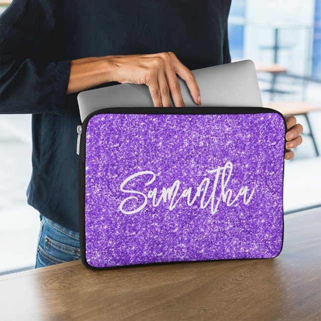 Violet Glitter Brush Script Name Laptop Sleeve (Creator Uploaded)