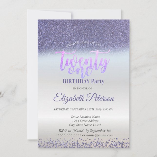 Violet Glitter Diamonds Silver 21st Birthday  Invitation (Front)