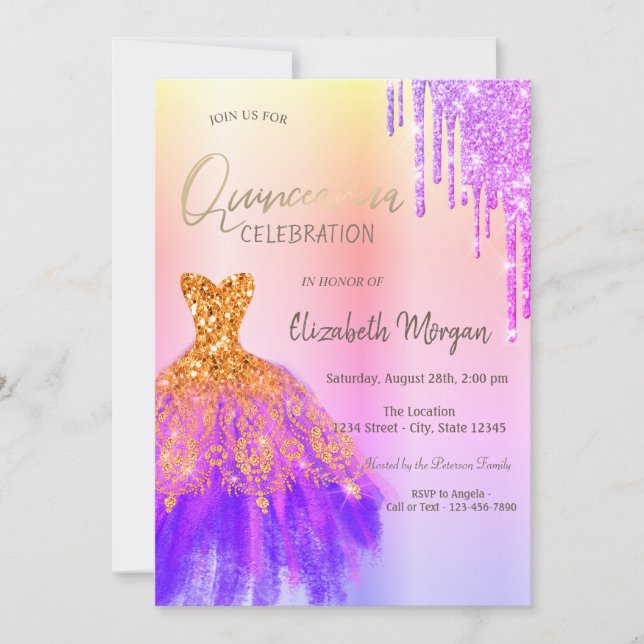 Violet Glitter Drips Dress Quinceañera  Invitation (Front)
